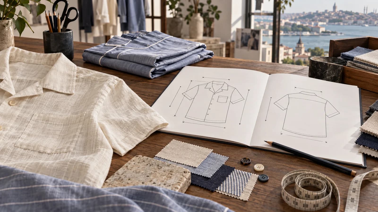 Zeichnen, Stoffmuster und Messwerkzeuge für Hemd- und Pyjama-Tech-Paket