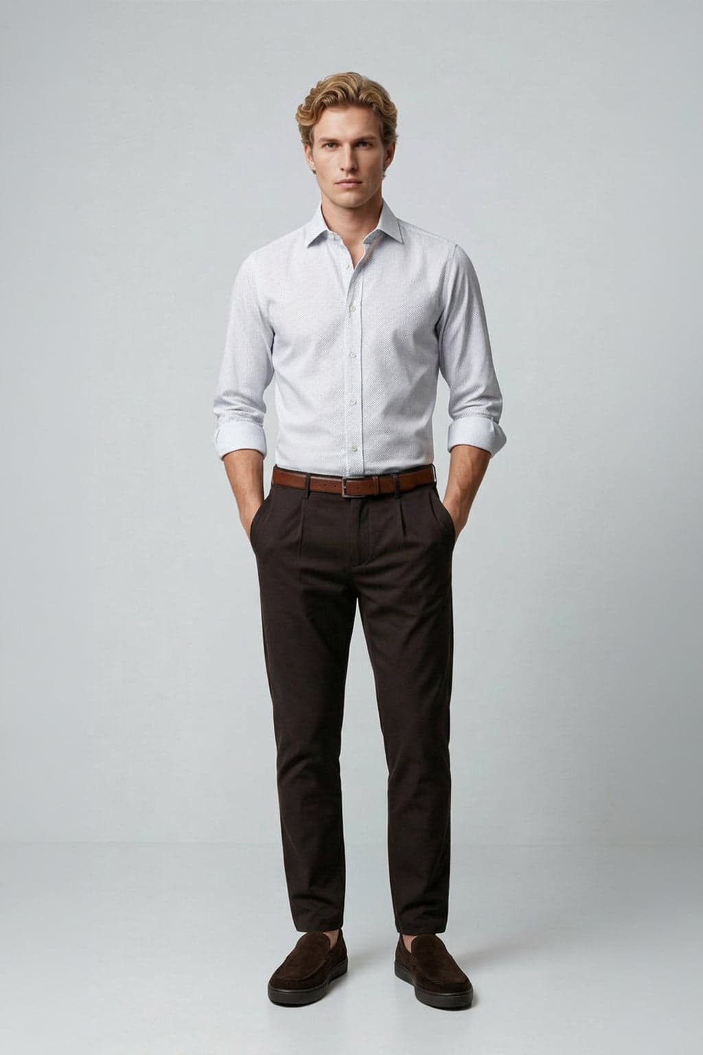 Beyaz Slim Fit Erkek Gömlek – Baskılı Pamuk Düğmeli Yaka