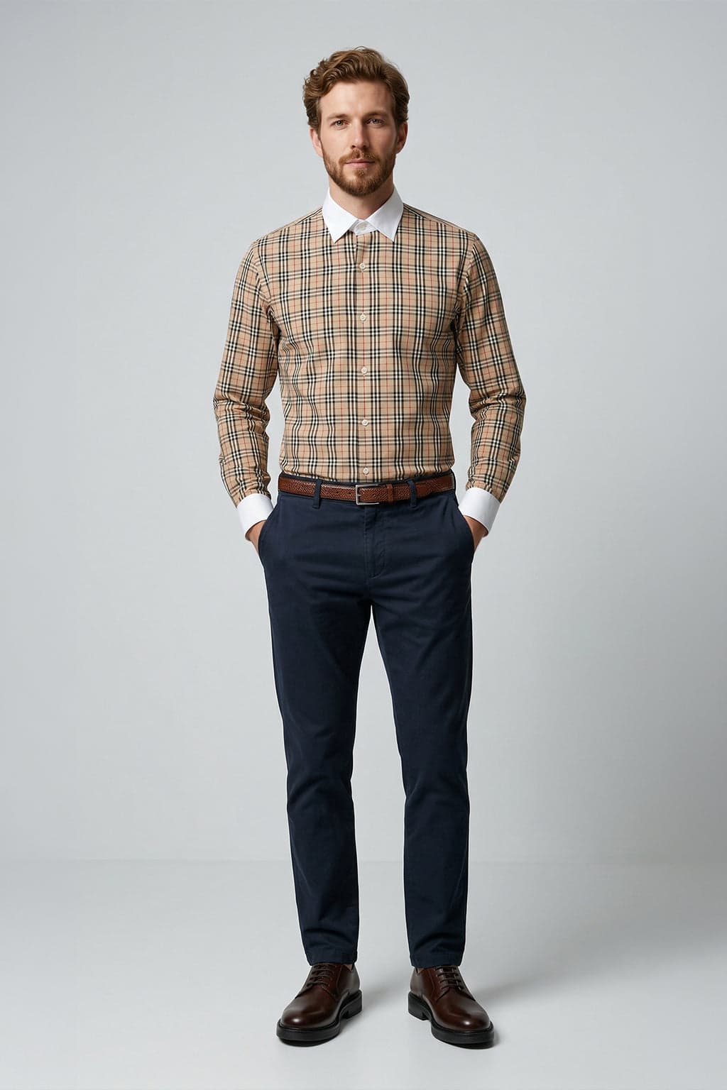 Slim Fit Erkek Gömlek – Ekose Kontrast Yaka Pamuk