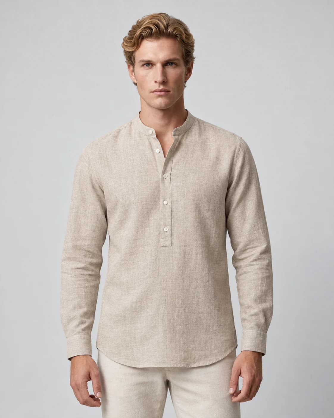 Grandad Collar Shirts — Sand half-placket style